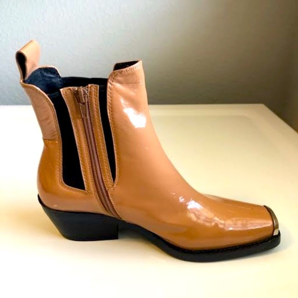 New JEFFREY CAMPBELL Western SilverToe Booties Tan Patent Leather Ankle Boot 7.5 - Picture 4 of 8